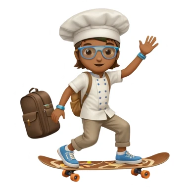 ["A happy boy with brown skin, straight hair, wearing a chef hat and sunglasses, dressed in hippie fashion, is skateboarding while holding a backpack."] sticker