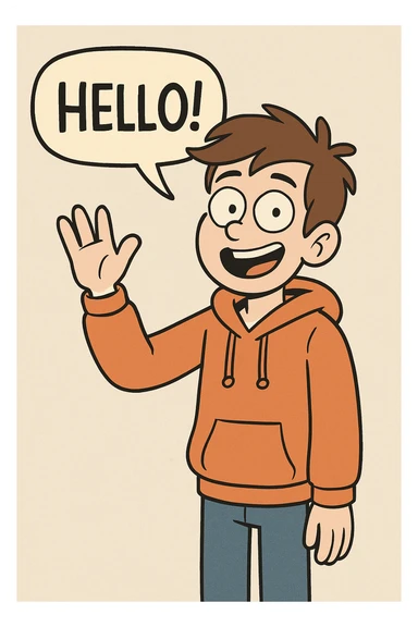 A boy brown hair how did say hello Orange hoodie blue jeans  sticker