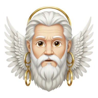 Zeus-like deity with large white feathered wings, long white hair and beard, wise expression, gold hoop earrings hanging from ears sticker