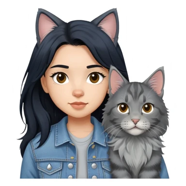 girl with black hair wearing denim jacket with gray maine coon cat sticker