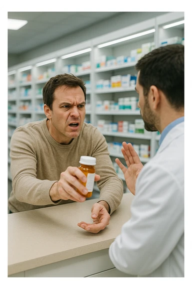 Cinematic Frustrated man at pharmacy counter demanding immediate pain relief medication, expression of impatience wanting instant symptom elimination, ignoring pharmacist's questions about underlying causes, grabbing prescription bottle eagerly, symptom suppression taking priority over healing, modern medicine aisle promising quick fixes for complex health problems" in italiano sticker