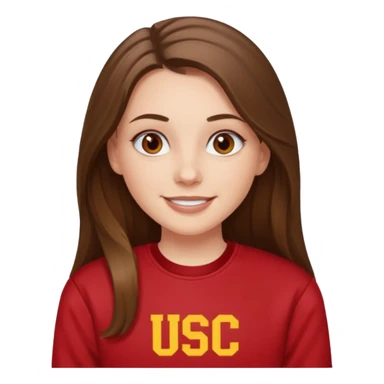 happy white long brunette hair girl with hazel eyes and in red USC sweatshirt sticker