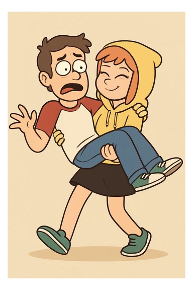 A man Raglan sleeves with Red t-shirts blue jeans white shoes carried by a cute a girl yellow hoodie black skirt green shoe  sticker