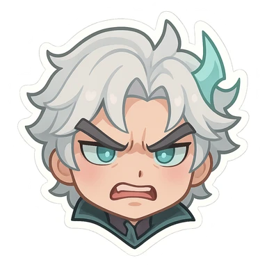 Viego from League of Legends, chibi style emote, only head, angry expression, furrowed brows sticker
