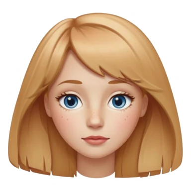 fair-skinned girl with oval face, freckles on nose and cheeks, long strawberry-blonde hair parted in center, wispy bangs, almond gray-blue eyes, sandy-blonde arched brows, straight nose, rose lips sticker
