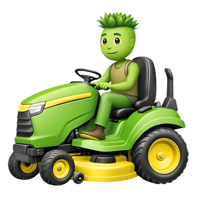 Lawn mowing mascot named grassy gus a green guy (not a human) on a yellow zero turn ride on mower sticker