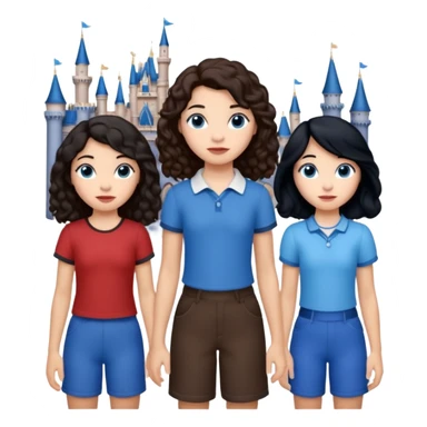 Algo de Disney y por detrás o delante pon a quatro chicas: una con el pelo largo rizado marrón , otra con el pelo muy corto negro, como un chico, otra con el pelo mediano liso marrón con ojos azulesy otra con el pelo negro largo liso . Todos son color carne. Es para el viaje sticker