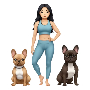 latin woman in a yoga outfit with long black hair standing alongside two French bulldogs emoji
 sticker