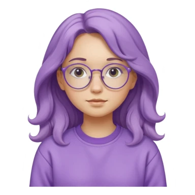 Chica de pelo largo y ondulado, con gafas redondas y expresión suave; viste una sudadera lila y transmite un estilo tranquilo y relajado. sticker