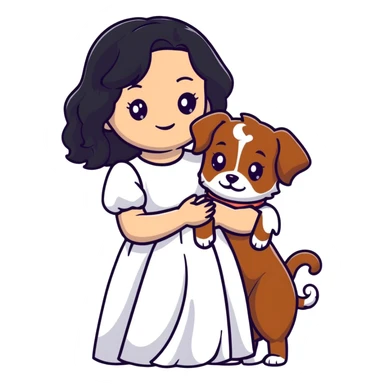 A beautiful girl with long black hair in a white dress holds a small brown curly-haired dog sticker