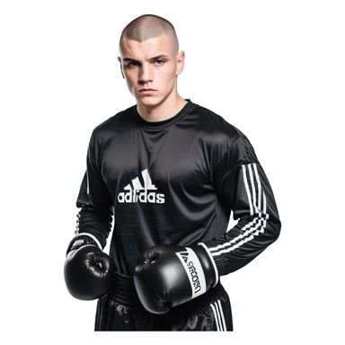 white man with dark hair, dark eyes, buzzcut faded haircut, 100kg boxer, wearing full black clothes, black adidas boxing gloves sticker