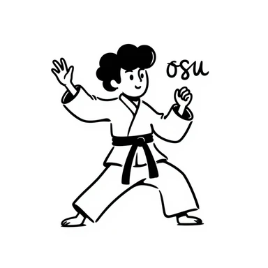Karate fighter in white uniform, black belt, ready pose, with 'osu' written nearby in hand-drawn notion style sticker