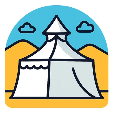 white pilgrim tent in Mina Saudi Arabia, Islamic Hajj theme, flat icon with subtle shading sticker