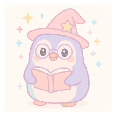 a chubby penguin wizard with glasses, holding an open spellbook, magical aura around sticker