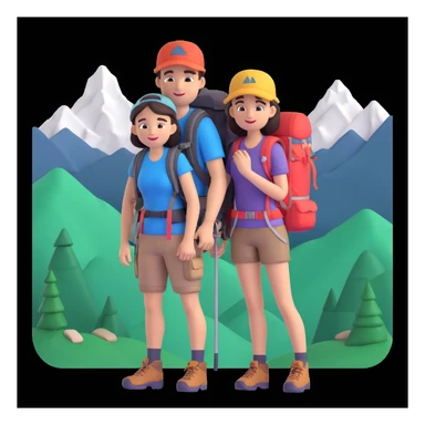 back packer couple posing, mountains in background,   close up pose sticker