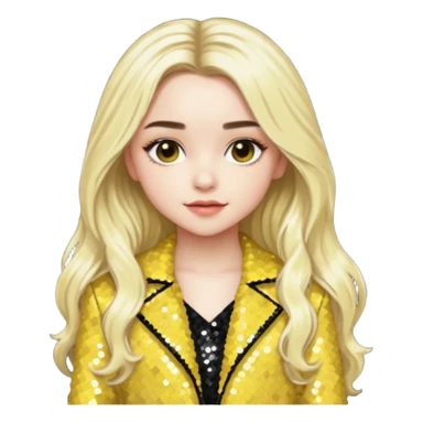 Sabrina Carpenter with long platinum blonde hair, yellow sequin outfit sticker