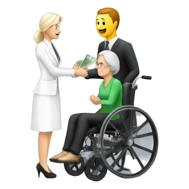 person in wheechair talking australian money with lady sticker
