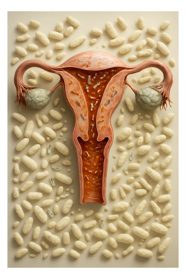 utero umano realistico con batteri della candida intorno, la foto si deve vedere per intero in formato verticale, sullo sfondo neutro chiaro ci sono batteri della candida, iperrealistico 4k sticker