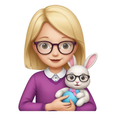 Girl kid with glasses → holding a toy rabbit sticker