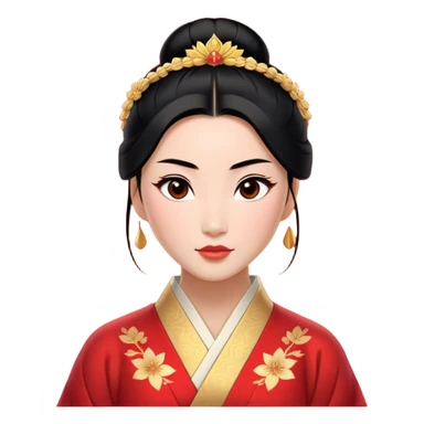 Cinematic Elegant Mulan Portrait Emoji, rendered in a realistic, vector-style with minimal shading and bold, simplified shapes. Depict Mulan (chest and above) with warm, light-toned skin, almond-shaped eyes, and sleek black hair styled in a traditional bun. She wears a modest, traditional robe with subtle red and gold accents, glowing with a soft, refined radiance and high shine, capturing timeless beauty and inner strength. sticker