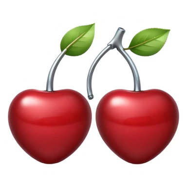 A pair of cherries emoji made of polished silver chrome, smooth rounded shapes, glossy metallic finish, soft highlights and reflections, cute proportions, iOS emoji style, centered, clean white background, no text sticker
