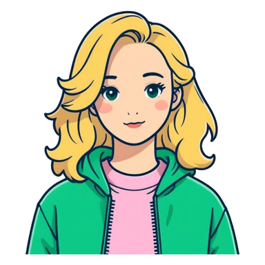 avatar of a girl with blonde wavy hair wearing a pink sweatshirt, sticker style sticker