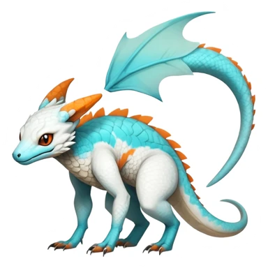 Rare realistic exotic cute white gloomy whitish and orange and cyan epic pretty beautiful handsome gorgeous aesthetic colorful vibrant Vernid-Trico-species-Fakemon-Salandit-hybrid-creature by LiLaiRa, 4 legs, 1 tail, random markings, (full body) sticker