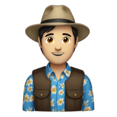 White Man with black hair, strip blue flowered shirt, brown hat sticker
