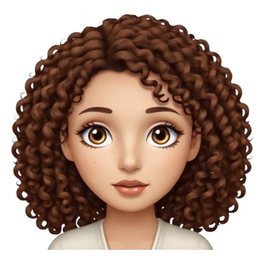 dark brown curly hair with dark brown eyes and too long lashes and some make up with freckle and light brown skin sticker