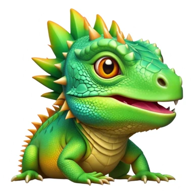 Cinematic Cute Iguana Portrait Emoji, Head tilted playfully and inquisitively, featuring a delightfully vibrant, textured body with a subtle spiky crest and large, sparkling eyes full of gentle wonder, Simplified yet irresistibly adorable features, highly detailed, glowing with a warm, inviting jungle glow, high shine, affectionate and lively, stylized with a touch of whimsical reptilian charm, soft glowing outline, capturing the essence of a mischievous yet loving iguana that seems as if it could scurry out of the screen into your arms! sticker