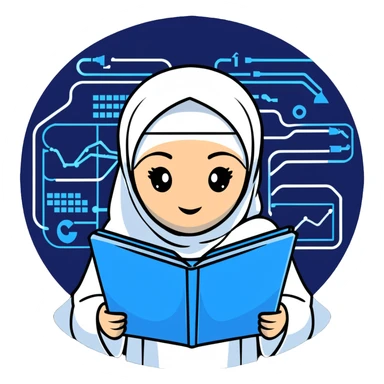 computer science woman with white hijab in blue outfit, with floating code elements, programming syntax, algorithms visualization, database schemas, software design patterns, command line interfaces, binary trees, and computational formulas surrounding her sticker