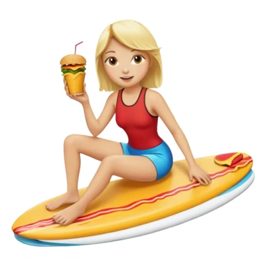 make a blonde girl eating a cheese burger riding a surf board sticker