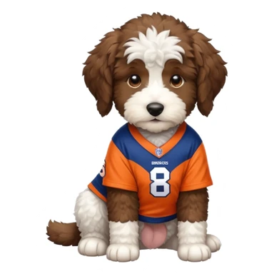 bernedoodle puppy wearing broncos jersey sticker