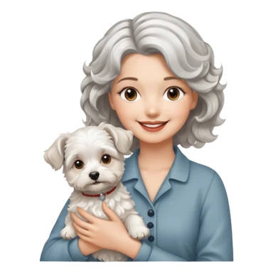 silver, short, wavy-haired with loose curls, smiling pretty lady holding a westie dog and a lhasa apso dog sticker