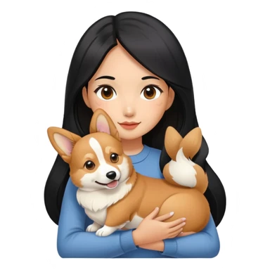 Asian girl with long black hair holding her corgi sable color sticker