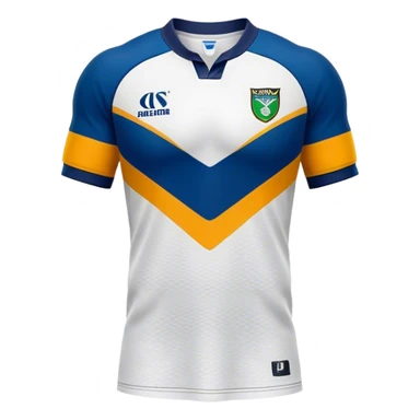 Cinematic Realistic image of a rugby jersey rendered in bold, dynamic team colors with intricately detailed fabric textures and natural creases, illuminated by dramatic stadium lighting sticker