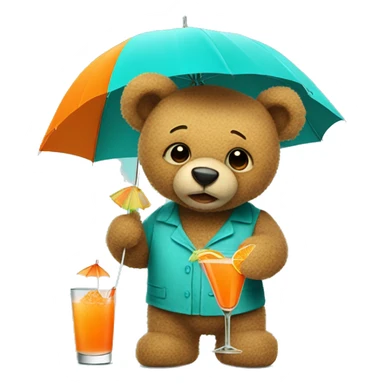 
a turquoise, tattered teddy bear holding an orange cocktail umbrella. sticker