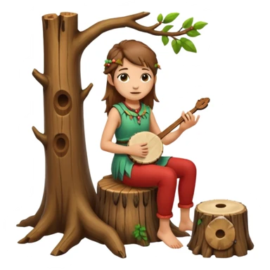 forest spirit girl with short brown mullet playing hand drum, sitting on tree stump sticker
