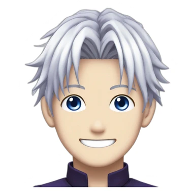 Satoru Gojo with his blue eyes,long medium white hair, a big friendly smile, dark violet uniform from jujutsu kaisen sticker