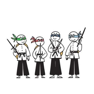 Teenage Mutant Ninja Turtles, hand-drawn doodle style, black outlines, playful and sketchy sticker