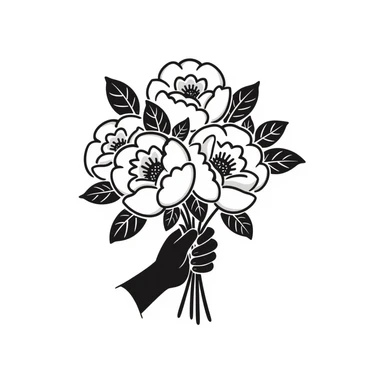 a bouquet of peonies with lush petals and leaves, held in a hand, in pastel colors dd9fb0 ffc6d3 a3bfc9 c4bee2 f1b091 sticker