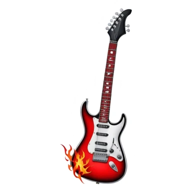 Create a bold and powerful emoji representing rock vocal performance in a humanless collage. The design should feature a vintage microphone at the center, surrounded by a heavy, aggressive hardcore electric guitar with sharp, jagged edges. Include crossed drumsticks behind the guitar, symbolizing the intense rhythm of rock music. Add fiery elements like flames or lightning bolts to enhance the raw energy of the design. Use dark, bold colors like black, red, and silver, with metallic or chrome accents to reflect the rebellious, hard-hitting nature of rock. The background should be transparent. sticker
