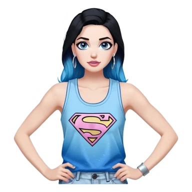Tall-Large upper body-very excited-very-beautiful-face-white ripped cargo pants-light-pink-lips-very long-very-straight-dark-blue-ombre-hair-and-blue-eyes-thick-black-eyeliner-thick-long-eyelashes-sky-blue-superman-tank-top-with-glitter-and-silver-hoop-earrings sticker