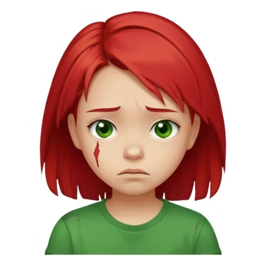Young girl with red, damaged, and unattractive hair, wearing a green T-shirt, with a sad and subdued expression. sticker