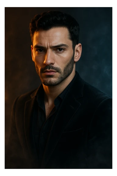 Usa questa immagine come riferimento per creare un ritratto iperrealistico e ravvicinato di un carismatico nodello maschile, ambientato in un contesto editoriale suggestivo. I volto è illuminato da fasci di luce ambrata e blU ghiaccio che contrastano tra loro, esaltando la simmetria marcata della mascella, la sottile barba incolta e uno sguardo penetrante e sicuro. I| modello indossa una giacca sartoriale scura in morbido velluto, leggermente sbottonata sul colletto. Lo sfondo sfuma in un profondo gradiente antracite con una delicata foschia cinematografica e sottili bagliori di luce. Un lieve velo di nebbia avvolge la sua silhouette, accentuando un'atmosfera sofisticata e misteriosa. L'effetto complessivo evoca un'eleganza di alta moda con un tocco moderno e malinconico, ideale per una campagna pubblicitaria di lusso o per la copertina di una prestigiosa rivista. sticker