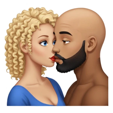 bald head man with brown eyes and black beard kissing African woman with blue eyes and curly blonde hair sticker