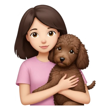 One girl with medium long dark brown hair dressing baby pink T-shirt, hugging One little brown coated labradoodle. sticker