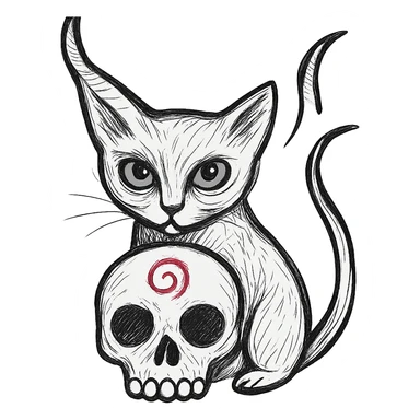 Adjust the composition so the large skull is in front of the cat and covers the cat's belly. Keep the realistic hand drawn style with dynamic outlines and no fill. Preserve the charm on the horn, the cat's green eyes, and the red spiral on the skull. Maintain transparent background. sticker