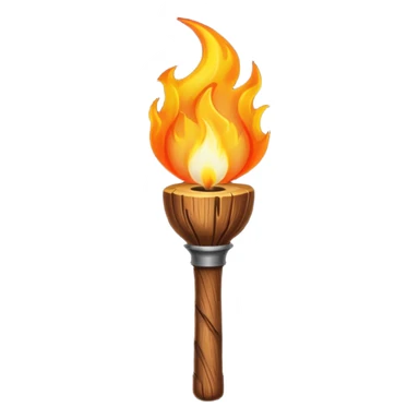 Indiana Jones-style flaming torch: worn wooden stick, bright orange flame, dark and realistic atmosphere. sticker