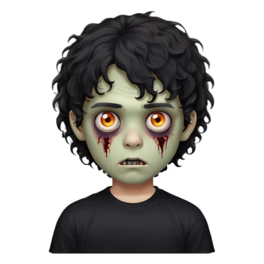Boy, zombie, black curly wavy hair, medium hair, emo, round shaped hair, dark hair, spooky, creepy expression, fringe in the eyebrows height, with Black t-shirt  sticker